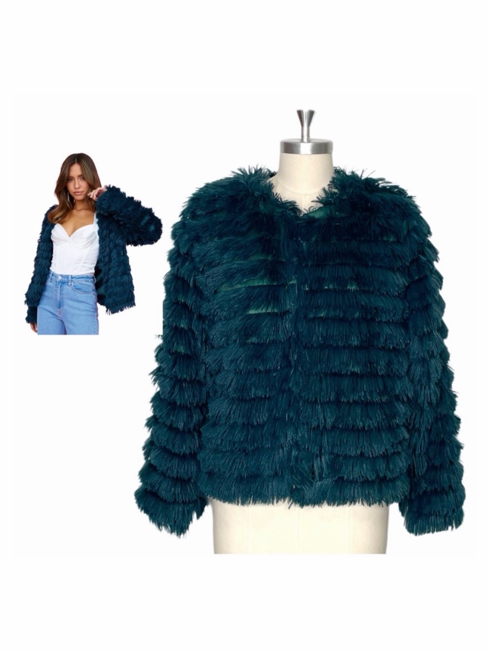 She + Sky Teal Faux Fur Fluffy
Layered Jacket Size Medium NWOT